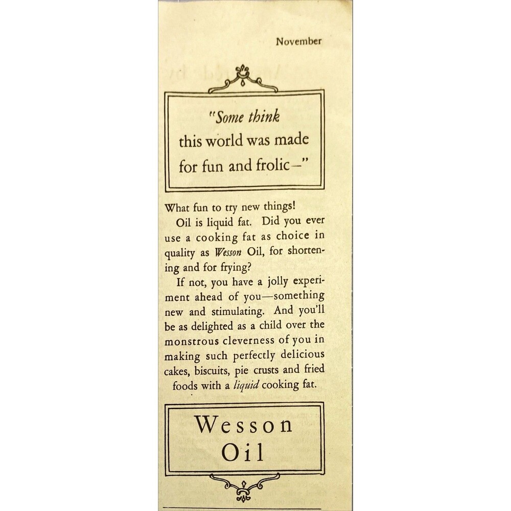 Wesson Oil "for shortening and for frying" Vintage Print Ad 1926